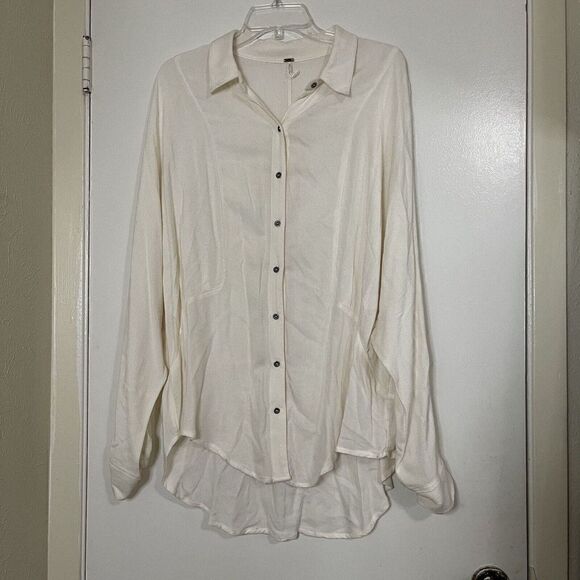 Free People ivory button down long sleeve collared popover tunic shirt Large - Picture 1 of 8